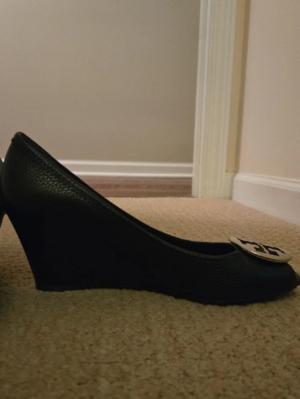Tory Burch Black Leather Peep-Toe Heels with Silver Logo Medallion